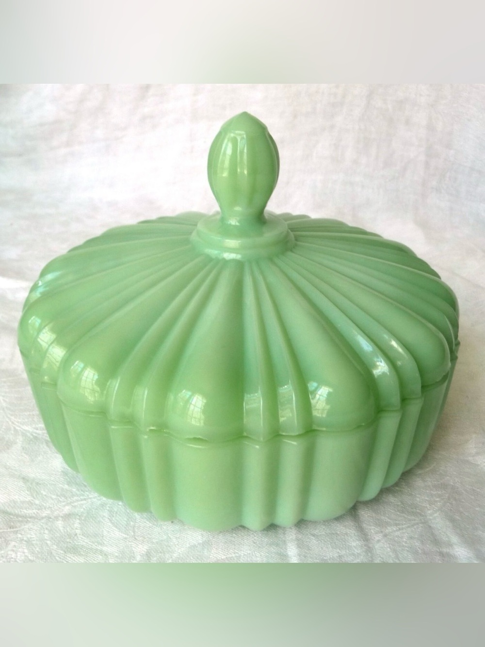 VTG Fire King Jadeite Glass Covered Candy Dish Scalloped Ribbed